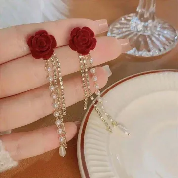 Boho Long Tassel Pearls Flower Earrings 